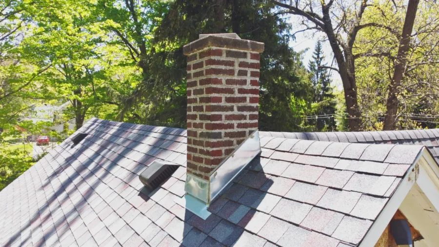 A brick chimney with metal flashing on a gray shingled roof with trees and a red car in the background.